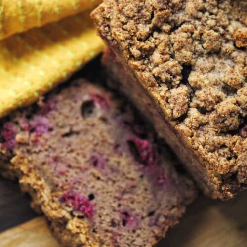 Gluten-Free Sour Cream Coffee Cake with Raspberries 7 a top view of a gluten free coffee cake loaf