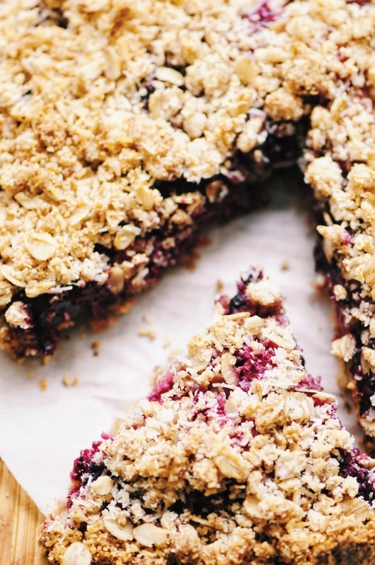  A luscious triple berry filling atop a crisp crust & topped with a delightful coconut crumble makes for one easy, healthy and delicious gluten-free and vegan dessert! #berrycrumble #vegan #glutenfree #coconut #oat #almondcrust #healthydessert #refinedsugarfree 