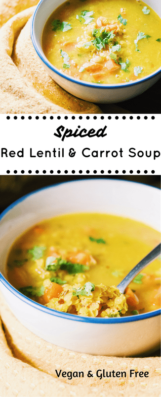  A super easy, healthy, and delicious spiced red lentil and carrot soup with a perfect balance of flavors & textures. Gluten-free, vegan, and in a bowl in 30 minutes! #vegansoup #carrotsoup #lentilsoup #spiced #easy #healthysoup #glutenfree 