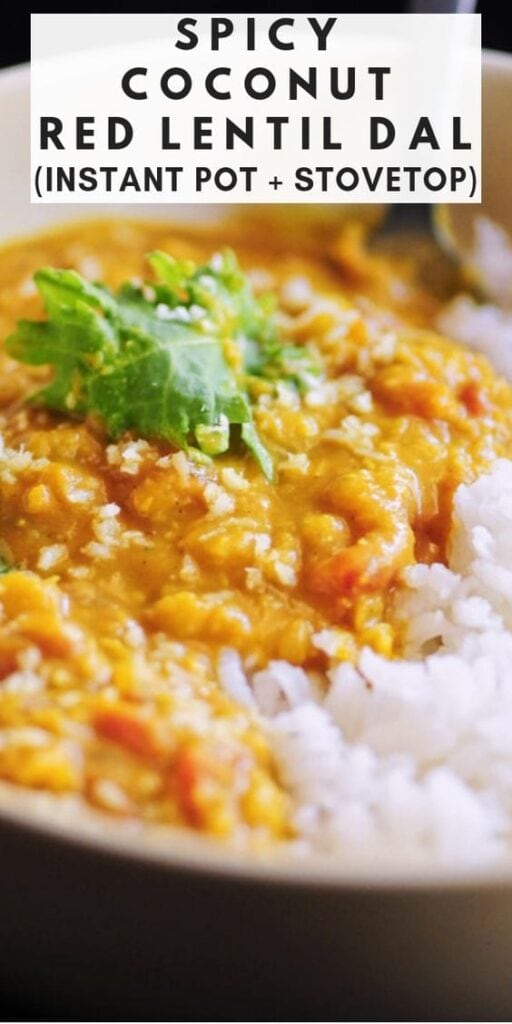pinterest pin image for spicy coconut red lentil dal