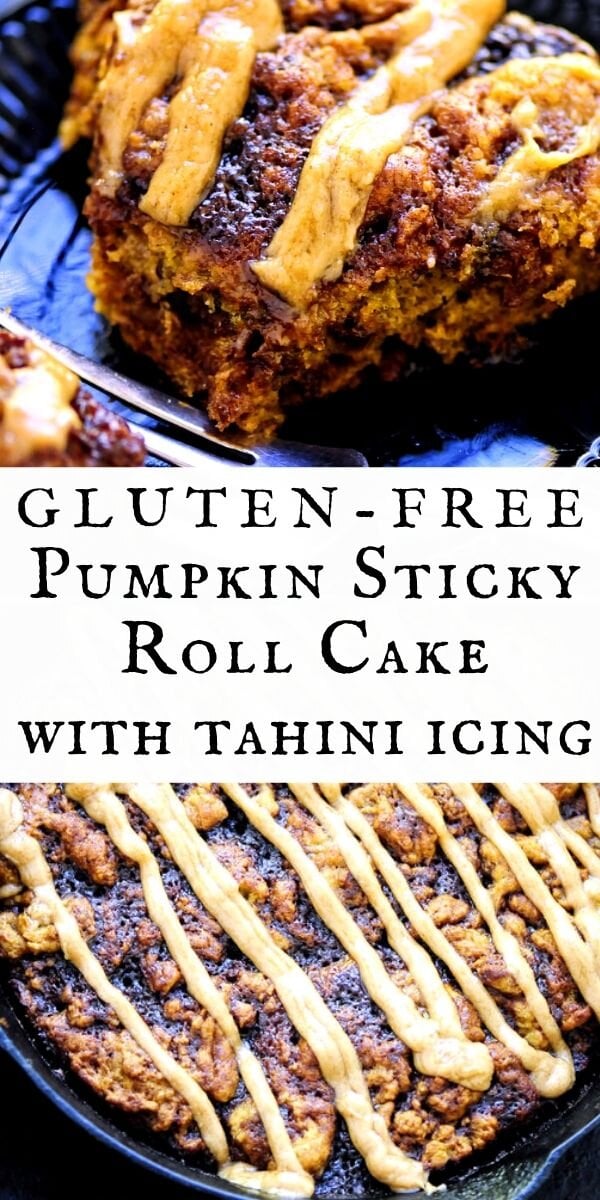  Light, chewy and fluffy pumpkin filled sticky roll skillet cake topped with a tasty cinnamon and cream cheese flavored tahini frosting. This decadent and delicious dessert makes a delightful gluten-free autumn treat! #glutenfreepumpkin #pumpkincake #glutenfree #stickyrolls #cinnamon #tahini #creamcheese #refinedsugarfree #autumndessert 