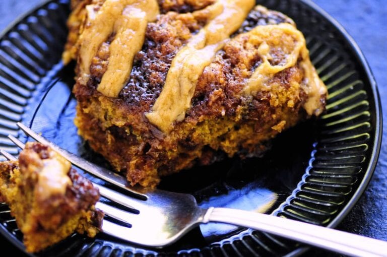 Gluten-Free Cinnamon Roll Cake with Pumpkin + Tahini Icing