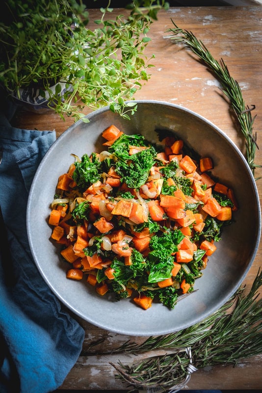  sweet potatoes with kale and caramelized onions by Daniela of Calm Eats   