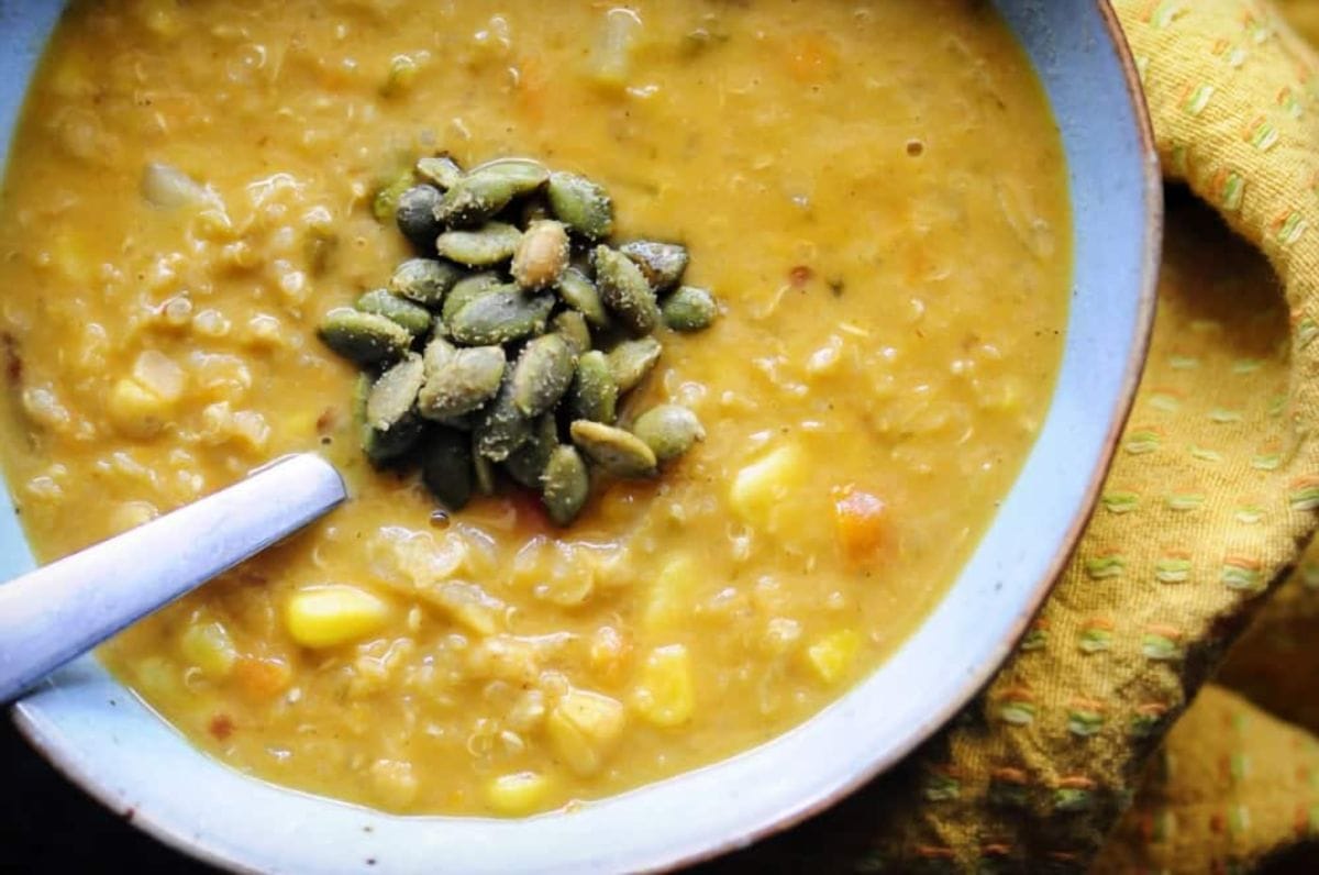 Spicy Vegan Corn Chowder with Quinoa, Red Lentils, and Potatoes