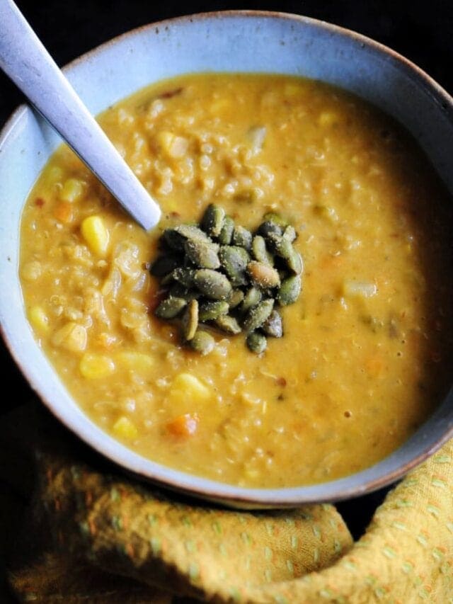 Spicy Southwestern Vegan Corn Chowder with Quinoa, Potatoes + Red Lentils Story