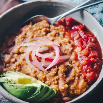 a white bowl filled with vegan chili