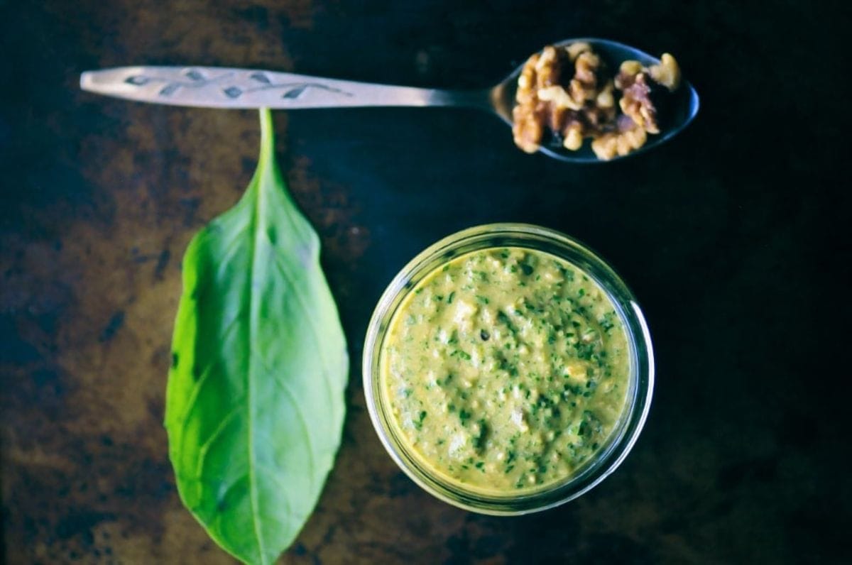 a top shot of vegan pesto