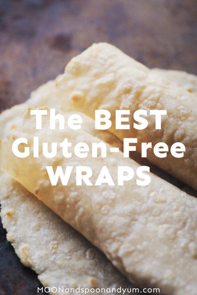 Gluten-free wraps on a dark surface with a promotional text overlay highlighting their gluten-free quality.