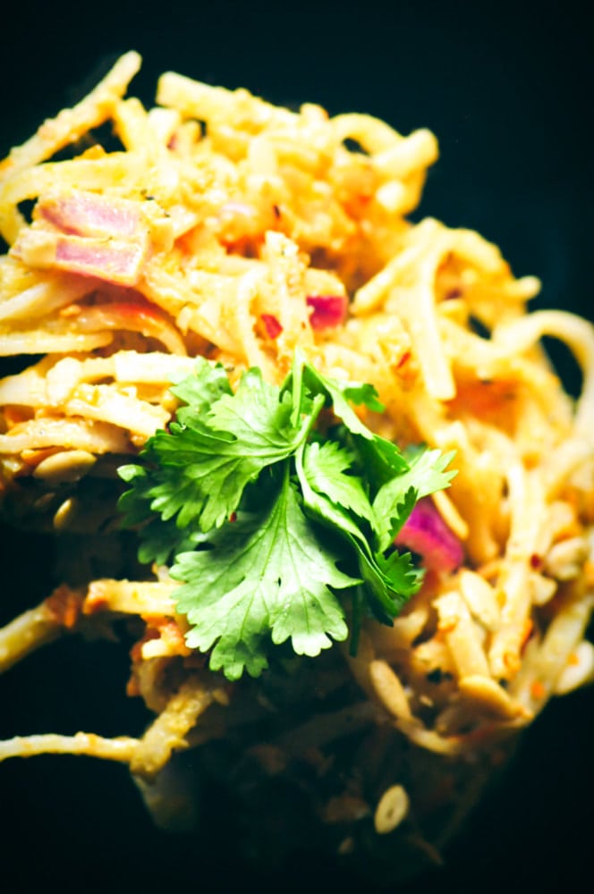  This Spicy Pumpkin Seed Butter Pad Thai makes for one flavorful and healthy vegan, gluten-free, soy-free, and nut-free lunch or dinner ready in only 20 minutes! #veganpadthai #nutfreepadthai #glutenfreepadthai #spicypadthai #pumpkinseedbutter 