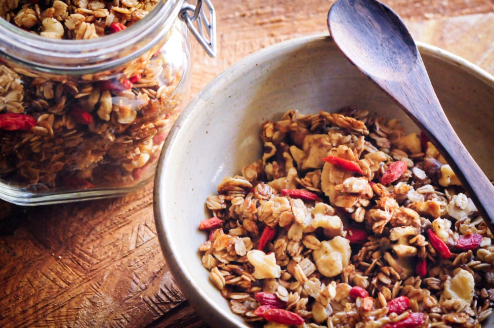  This easy, healthy and delicious Maple Walnut Goji Berry Granola makes for one satisfying gluten-free vegan breakfast, snack or refined sugar-free treat! #gojiberrygranola #trailmix #walnutgranola #maplegranola #vegangranola #glutenfreegranola #gojiberries 