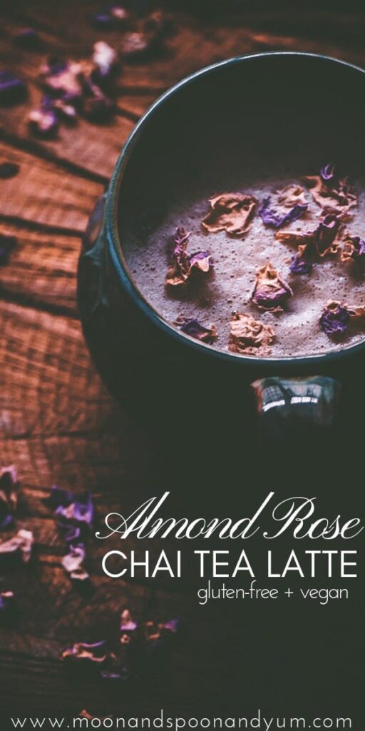 a pinterest pin image for almond rose chai tea latte