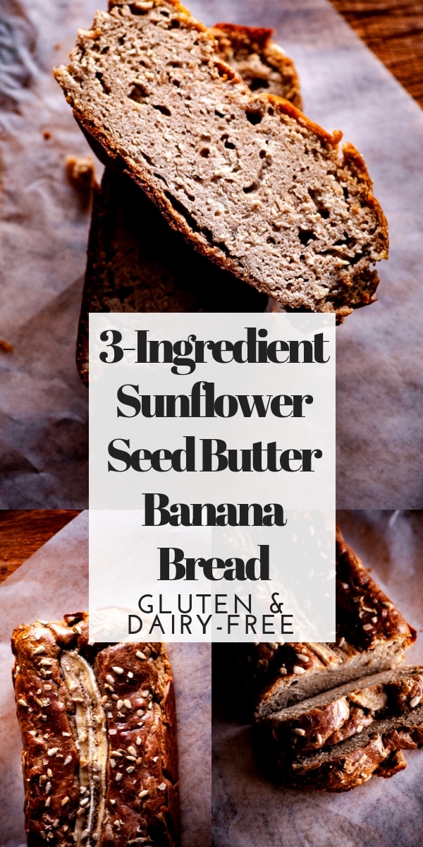  This Gluten-Free Sunflower Butter Bread with bananas, could not be more simple to make! You only need one bowl and 3 ingredients to create a delicious and healthy gluten-free, dairy-free, grain-free bread that slices well and tastes positively delicious! #sunbutter #sunbutterbread #sunflowerseedbutter #flourlessbread #glutenfreebananabread #bananabread #sugarfreebananabread #sunflowerbutter 