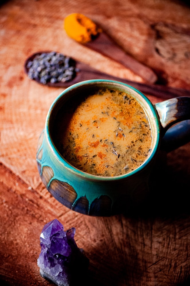  This Vegan Golden Lavender Cacao Adaptogen Latte was inspired by and uses  Rasa Koffee’s amazing herbal coffee alternative adaptogen blends.  Their amazing Cacao Rasa is an adaptogenic formula with the addition of Ecuadorian cacao beans. This delicious latte contains amazing health fortifying ingredients such as lavender, turmeric, cinnamon, dandelion, ashwagandha, chaga, reishi and shatavari. #lavenderlatte #cacao #goldenmilk #veganlatte #moonmilk #rasakoffee #adaptogenlatte #adaptogens 