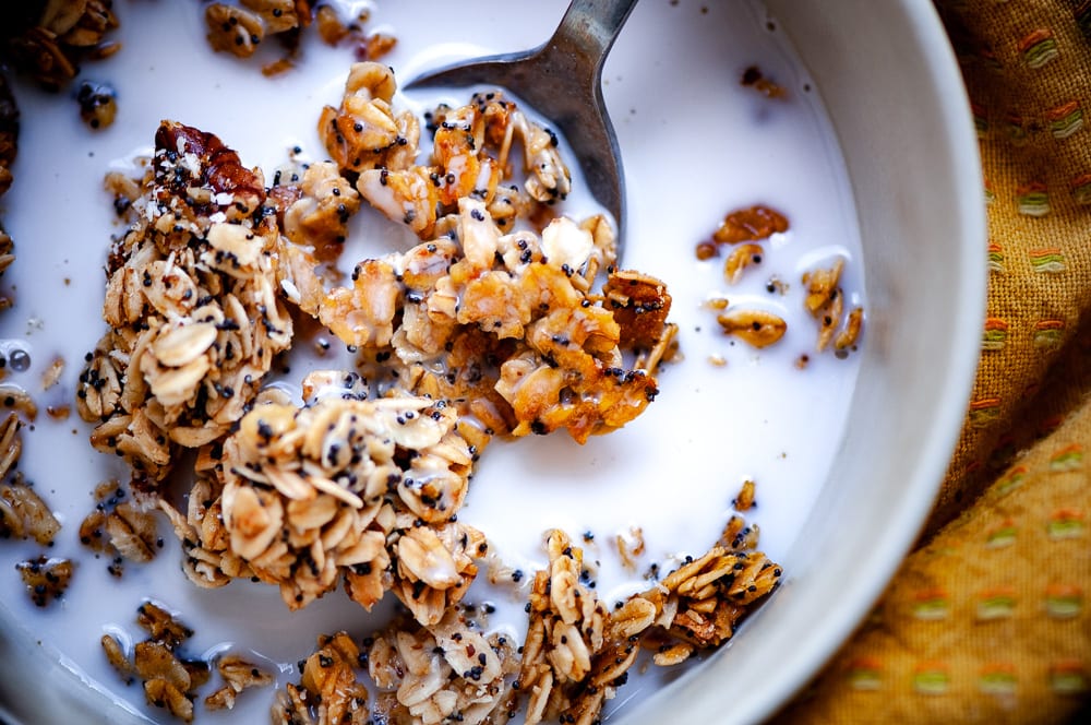  SUPER easy and delicious Lemon Poppy Seed Granola that is gluten-free, dairy-free, vegan, with nut and sugar-free options! #lemonpoppyseed #granolarecipe #vegangranola #dayhikingfoodideas #glutenfreegranola #lemonpoppyseedgranola #healthycereal 