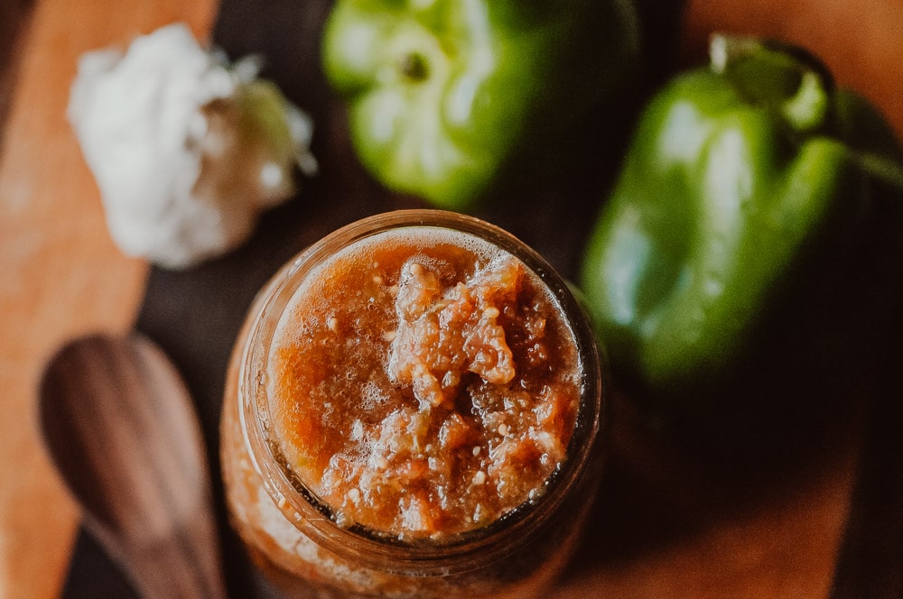  Super EASY + DELICIOUS fermented salsa made with bell peppers, cherry tomatoes, garlic and spices. This vegan homemade spicy salsa is filled with probiotics and gut healing properties and filled with fizzy, rich deliciousness perfect for topping Mexican dishes! #fermentedsalsa #spicysalsa #bellpeppersalsa #homemadesalsarecipe #easysalsarecipe 