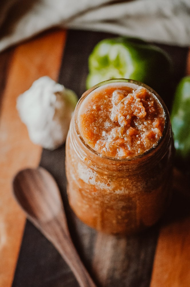  Super EASY + DELICIOUS fermented salsa made with bell peppers, cherry tomatoes, garlic and spices. This vegan homemade spicy salsa is filled with probiotics and gut healing properties and filled with fizzy, rich deliciousness perfect for topping Mexican dishes! #fermentedsalsa #spicysalsa #bellpeppersalsa #homemadesalsarecipe #easysalsarecipe 