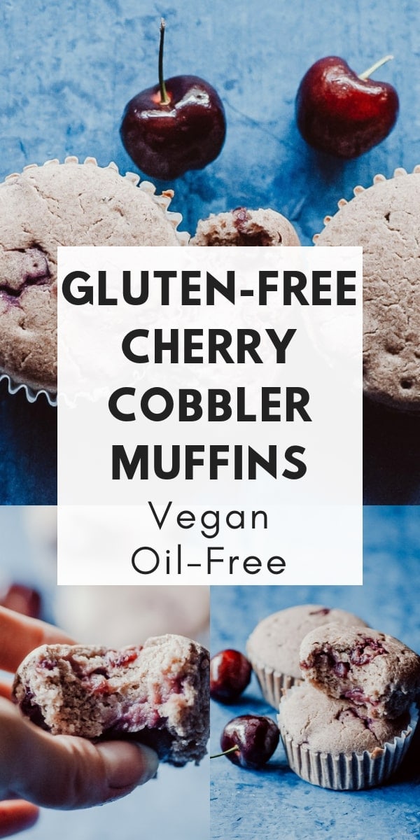   These fluffy Gluten-Free Cherry Muffins have a soft, spongy and juicy cherry cobbler center! Made with a blend of buckwheat flour and tapioca flour, these delightful muffins are super quick and easy to make and filled with pleasing textures and flavors. Gluten-free, vegan, dairy-free, soy-free, nut-free and refined sugar-free. #cherrymuffins #vegancherryrecipes #glutenfreecherrymuffins #buckwheatmuffins #cherrycobbler  