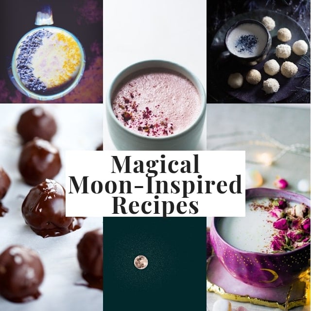  15 Magical Moon Inspired Recipes — moon milk, moon salad, moon cookies, moon balls, moon cake and MORE! This gluten-free vegetarian lunar inspired recipe round has all you need for a full moon or lunar eclipse party or to simply please the moon love in YOU! #moonmagick #moonrecipes #lunarrecipes #lunareclipsefood #fullmoonparty 