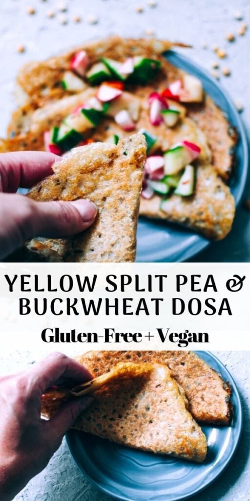  Fermented Buckwheat + Yellow Split Pea (Matar Dal) Dosa Recipe -  A super easy, nutritious and flavorful dosa recipe made with yellow split peas and buckwheat flour for a fun twist! These Indian dosas are fermented for added flavor and gut healing powers. Gluten-free & vegan. #easydosarecipe #dosas #fermenteddosa #yellowsplitpeas #buckwheatflour #buckwheatdosa #indiandosa  