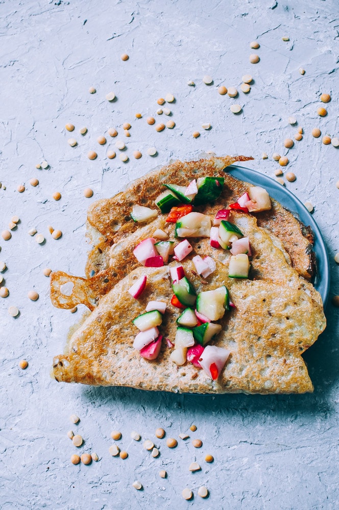  Fermented Buckwheat + Yellow Split Pea (Matar Dal) Dosa Recipe -  A super easy, nutritious and flavorful dosa recipe made with yellow split peas and buckwheat flour for a fun twist! These Indian dosas are fermented for added flavor and gut healing powers. Gluten-free & vegan. #easydosarecipe #dosas #fermenteddosa #yellowsplitpeas #buckwheatflour #buckwheatdosa #indiandosa  