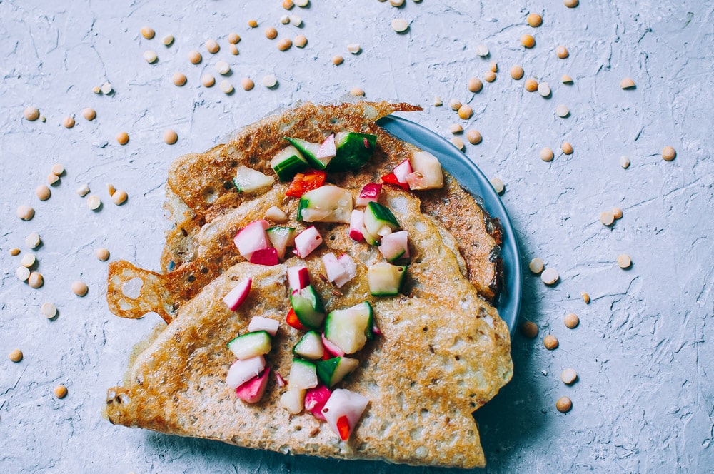  Fermented Buckwheat + Yellow Split Pea (Matar Dal) Dosa Recipe -  A super easy, nutritious and flavorful dosa recipe made with yellow split peas and buckwheat flour for a fun twist! These Indian dosas are fermented for added flavor and gut healing powers. Gluten-free & vegan. #easydosarecipe #dosas #fermenteddosa #yellowsplitpeas #buckwheatflour #buckwheatdosa #indiandosa  