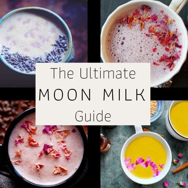 a 4 image grid of moon milk recipes with text overlay stating moon milk guide