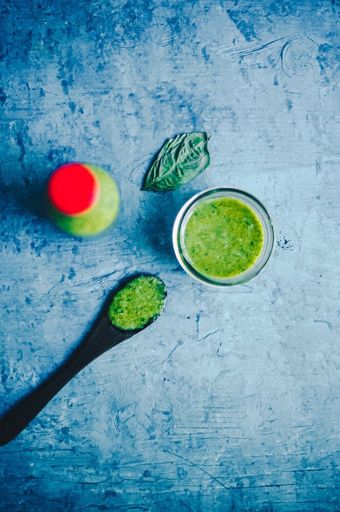   How to Make Basil Vinaigrette made with basil, onion, garlic, mustard, vegan mayo, vinegar, olive oil and spices for a quick, easy, healthy, creamy and delicious salad dressing recipe perfect for salads, soups, bread, pasta — you name it! Low-carb and keto diet friendly! #basilvinaigrette #basildressing #ketovinaigrette  