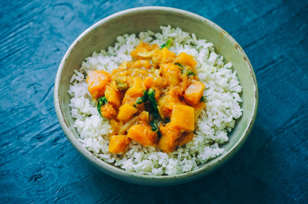   This super quick, easy and flavorful Butternut Squash Curry can be made in an Instant Pot pressure cooker (in just about 10 minutes!) or the stovetop for ease and convenience! This delicious spicy vegan curry dish can be enjoyed on it own, or served over rice or quinoa, for a healthy and comforting autumn meal! #butternutsquashcurry #instantpotbutternutsquashcurry  