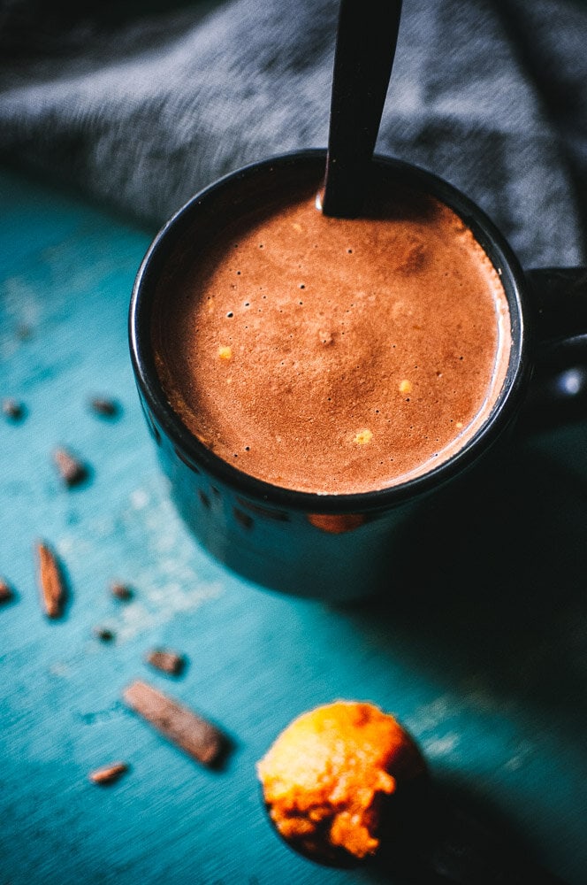  Healthy Pumpkin Hot Chocolate Recipe -  This super creamy and delicious Healthy Hot Chocolate Recipe with Pumpkin is like pumpkin pie in a cup! This autumn beverage made with cacao powder, plant-based milk, pumpkin puree and a dash of warming spices is a nutritious way to get your pumpkin fix sans guilt. Vegan, dairy-free, soy-free, gluten-free + refined sugar-free! #healthyhotchocolate healthy hot chocolate #pumpkinhotchocolate pumpkin hot chocolate recipe hot cacao #hotcacao  