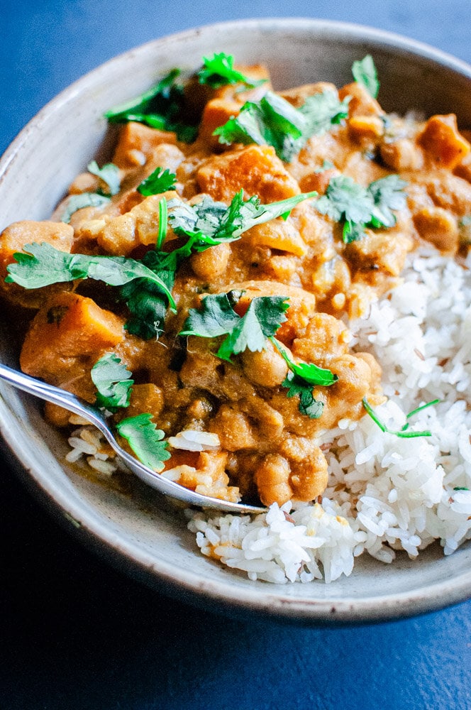  Instant Pot Pumpkin Chickpea Sweet Potato Curry (Vegan, Gluten-Free) -  This utterly delicious, healthy and creamy Sweet Potato Curry with Chickpeas and Pumpkin is truly a delight for the soul! With coconut milk and the perfect blend of Indian spices, you’ll find yourself in curry heaven with this rich vegan curry dish for the Instant Pot (or stovetop!). #instantpotcurry #sweetpotatocurry #pumpkincurry #instantpotpumpkin #instantpotchickpeacurry | pumpkin curry | chickpea curry  