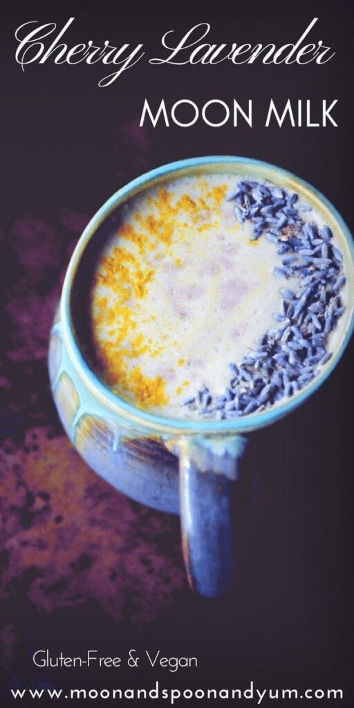 a pinterest pin image for cherry lavender moon milk recipe
