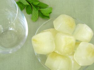 A bowl of ice cubes and a glass sit on a green placemat next to a sprig of fresh mint, perfect for pairing with your favorite vegetarian green chile recipes.