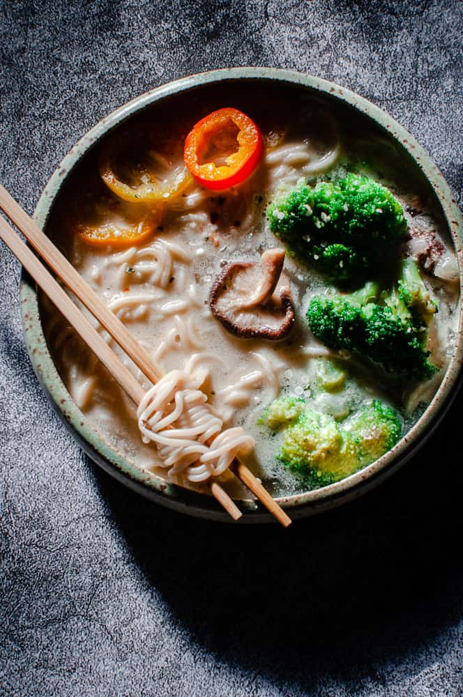 a top view of a large bowl filled with vegan ramen noodles