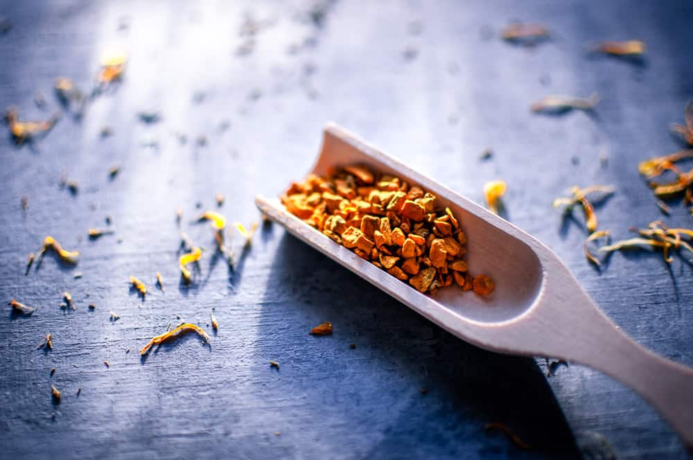 a wooden scoop from mountain rose herbs filled with turmeric root on a gray backdrop lit by sunlight