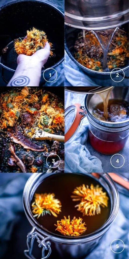 a pinterest pin image for herbal healing broth recipe with mushrooms