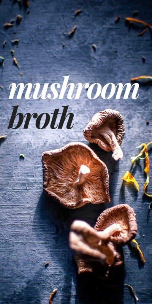 a pinterest pin image of shiitake mushrooms lit by sunlight for herbal broth recipe