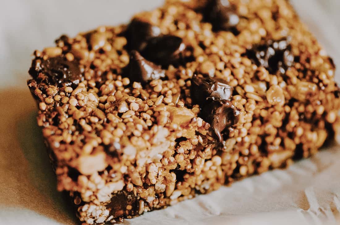 a close up shot of quinoa granola bar with chocolate chips
