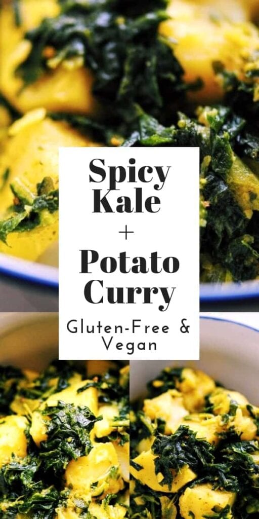 a pinterest pin image for spicy kale potato curry recipe