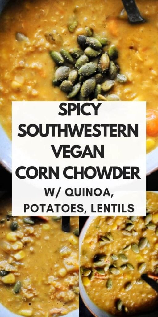 a pinterest pin image for vegan potato corn chowder recipe
