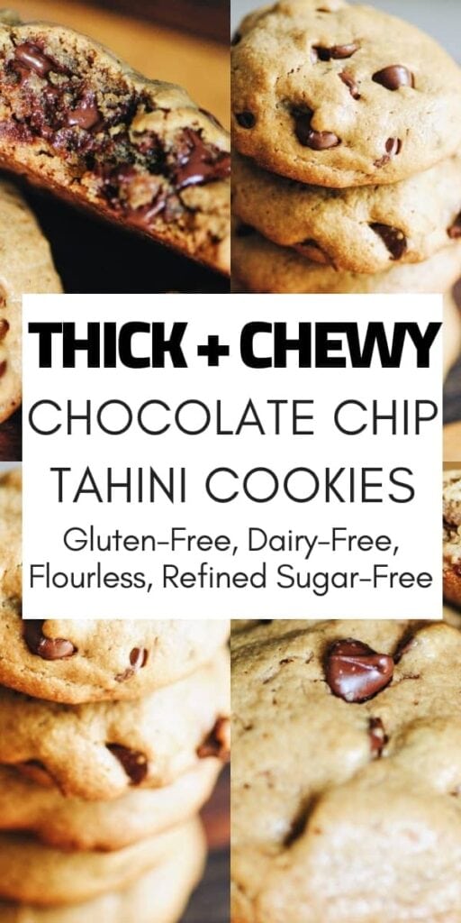 a pinterest pin for chocolate chip tahini cookies