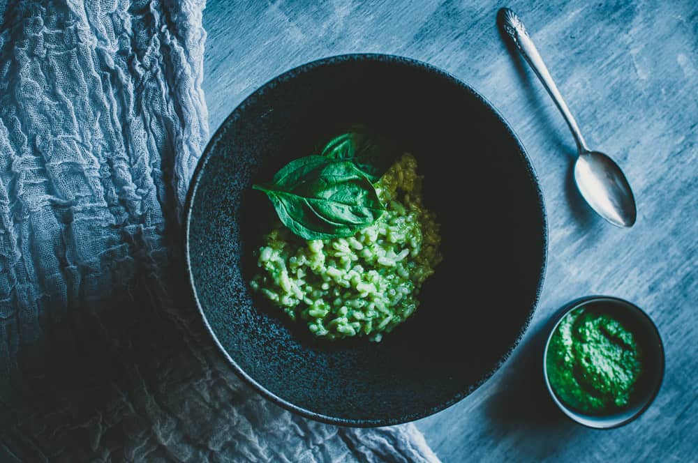 a pinterest pin image for vegan pesto risotto