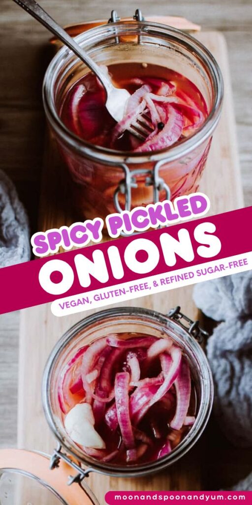 Two glass jars filled with spicy pickled onions in liquid, labeled as vegan, gluten-free, and refined sugar-free. A fork rests in one of the jars.