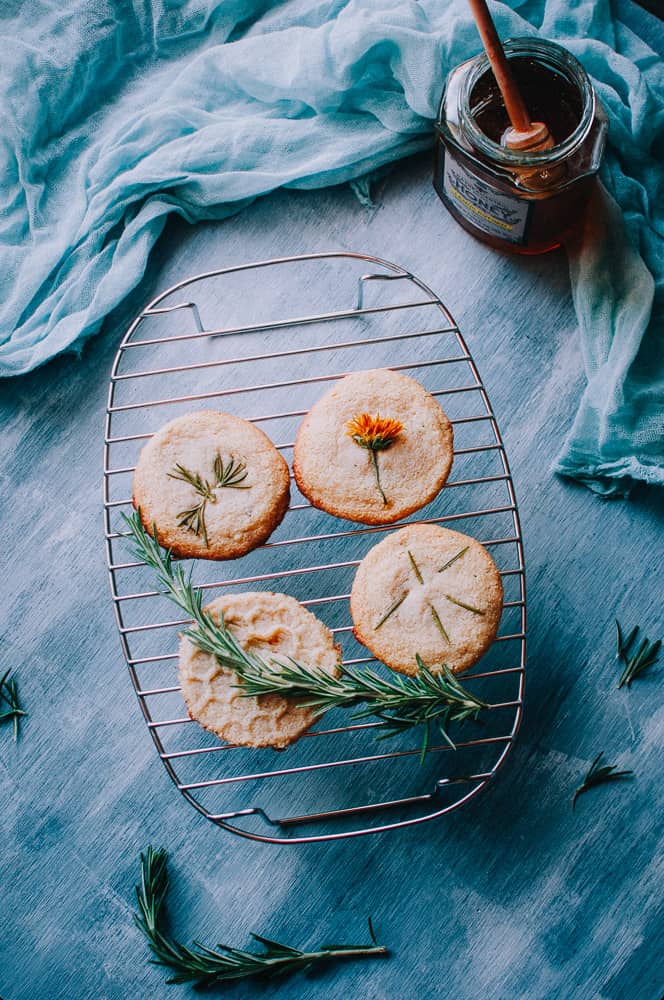 floral spring shortbread cookies cooling on a baking rack