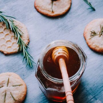 honey jar wooden honey spoon shortbread cookies