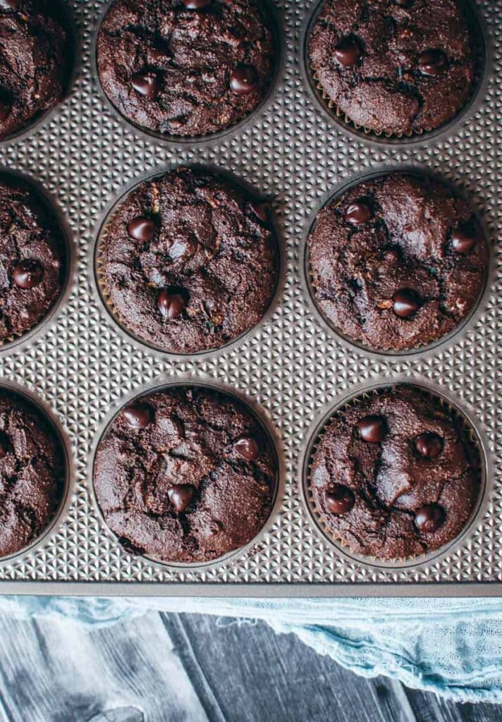 a top view of chocolate muffins in a muffin tin