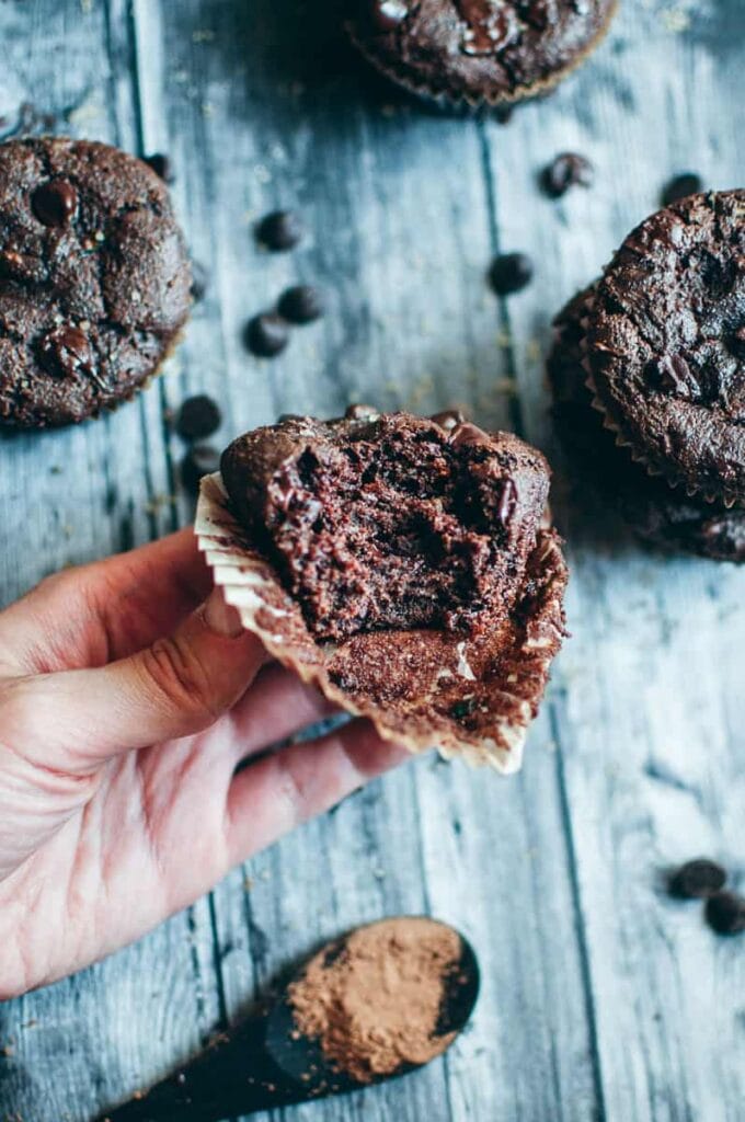 a half eaten muffin dotted with chocolate chips being held by a hand in the shot