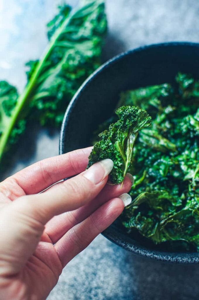 a hand holding a kale chip