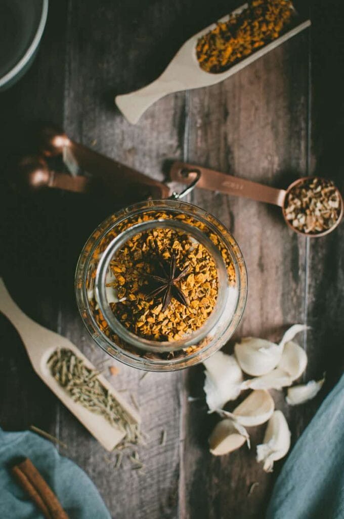 a jar of turmeric root top view