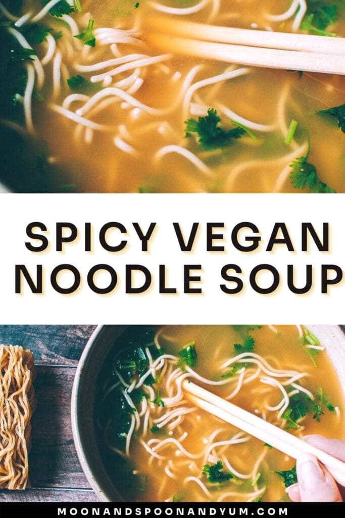 spicy vegan noodle soup recipe pin