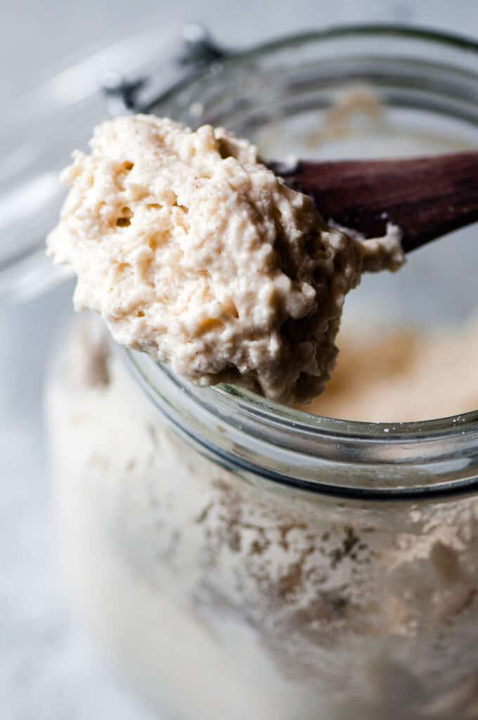 a spoon with sourdough starter on it